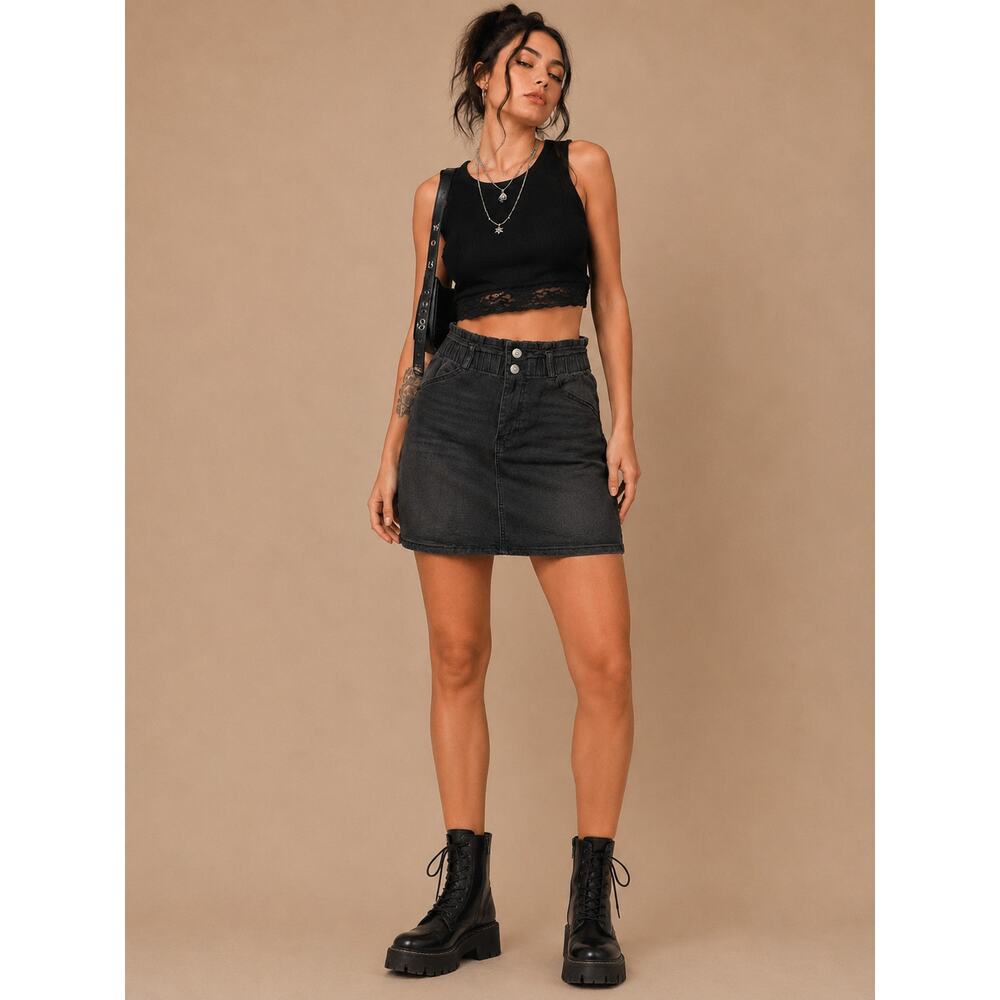Black Paperbag High Rise Denim Mini Skirt Large Y2K Grunge Stretchy Comfortable